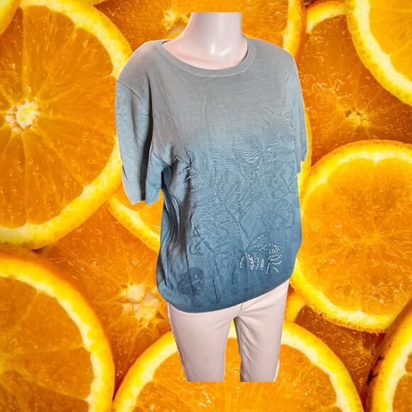 Alfred Dunner Women's Peacock Beaded Short Sleeve Knit Pullover‎ Top Size PL - Picture 1 of 6